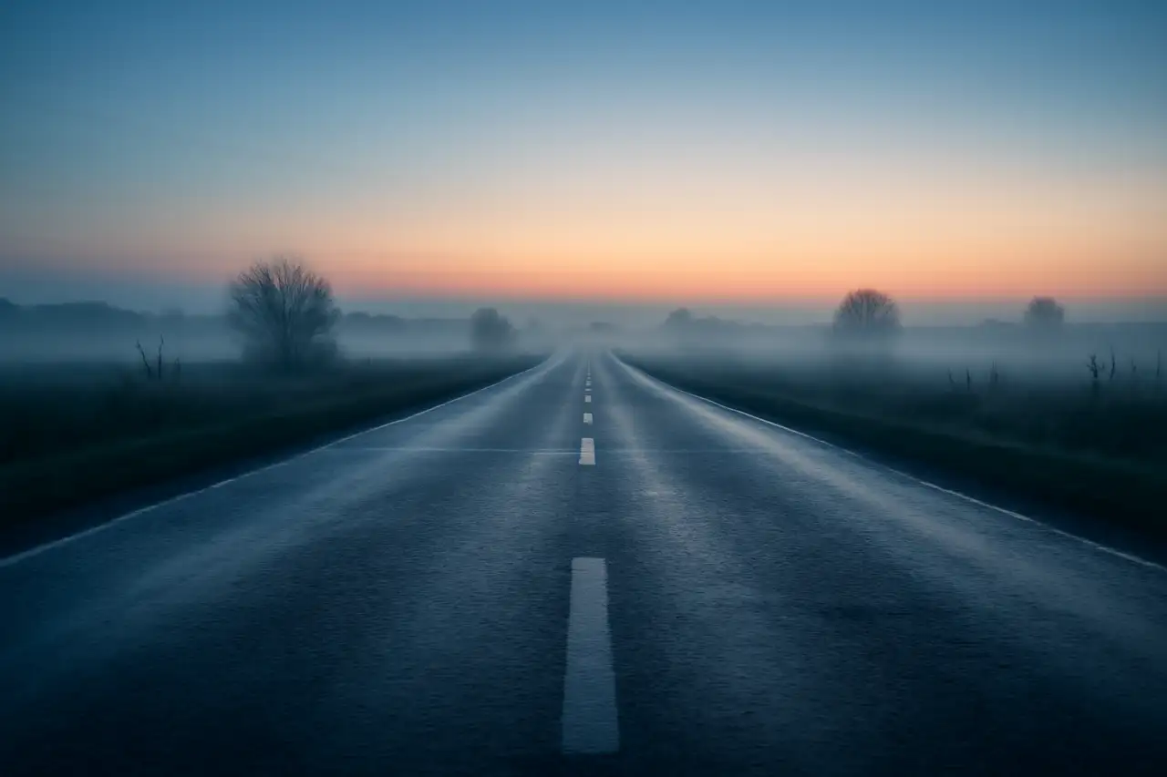 Lege landweg bij zonsopkomst met mist boven de velden